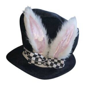 Black Velvet Bunny Ear Checkerboard Bow Top Hat Adult Mad Hatter Whimsigoth